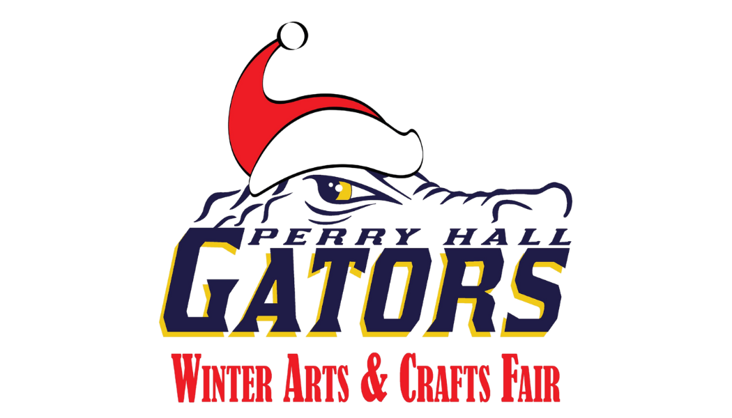 Logo for the Perry Hall High School Winter Arts & Crafts Fair featuring the gator mascot wearing a Santa hat.