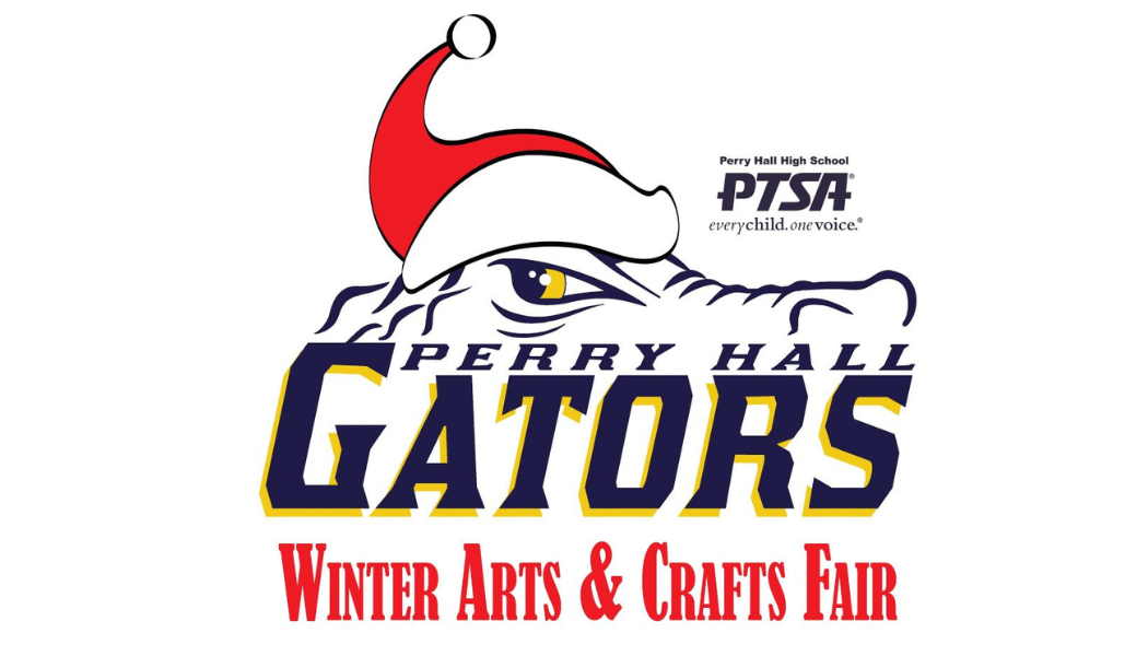 Co-branded logo for the Perry Hall High School Winter Arts & Crafts Fair featuring the gator mascot wearing a Santa hat with the PTSA logo in the upper right corner.