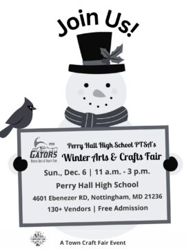 Preview of a black and white flyer promoting Perry Hall High School's Winter Arts & Crafts Fair.