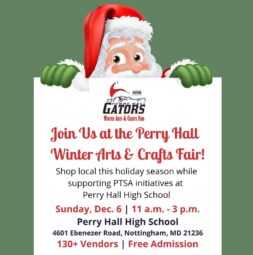 Square social media advertisement featuring Santa Claus and promoting the Perry Hall High School Winter Arts & Crafts Fair.